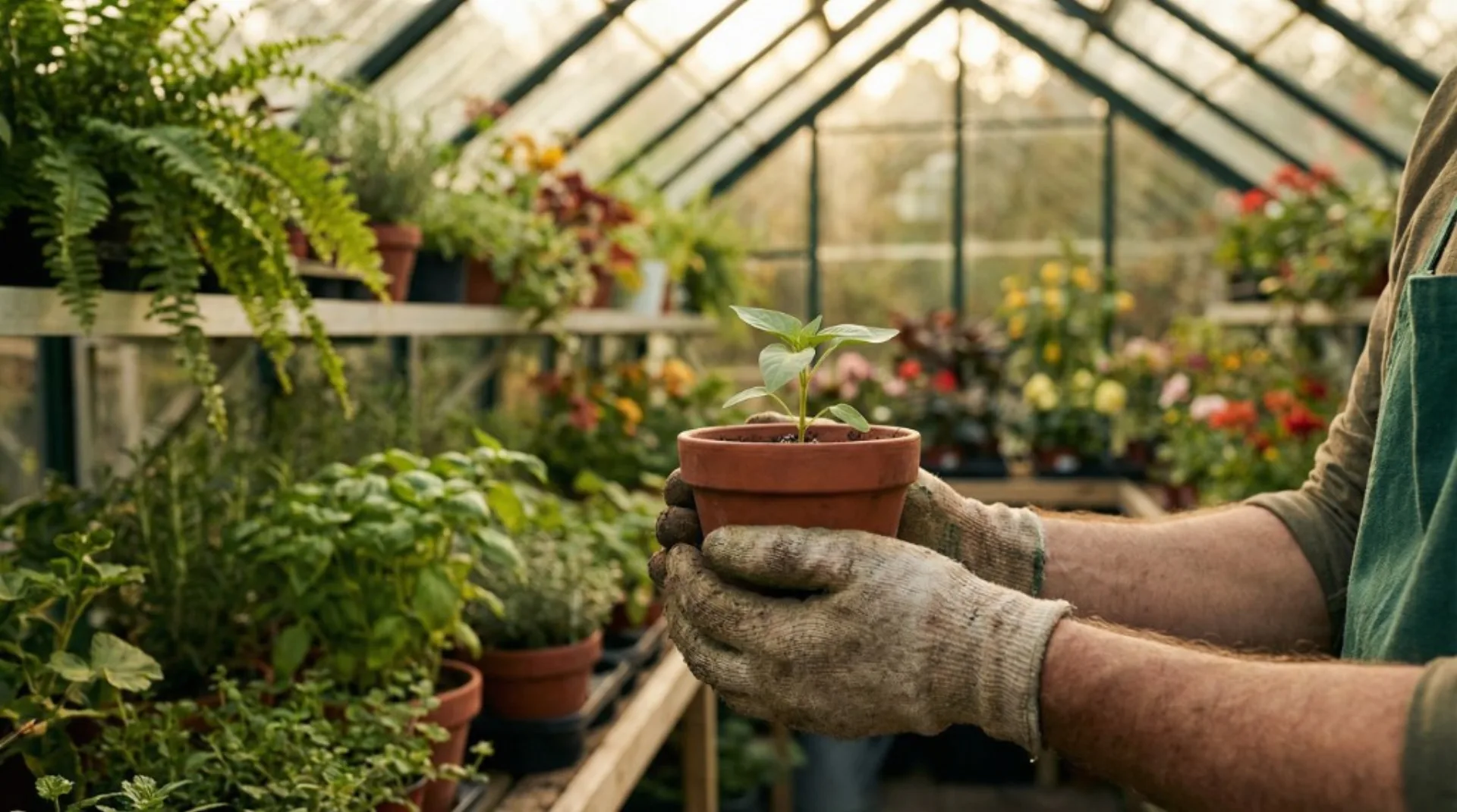 Pépiniériste tenant une jeune plante en pot dans une serre